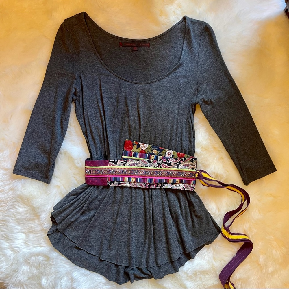 Anthro - 'A Common Thread' 3/4 Gray Jersey Top w|Obi Embroidered Waist Belt